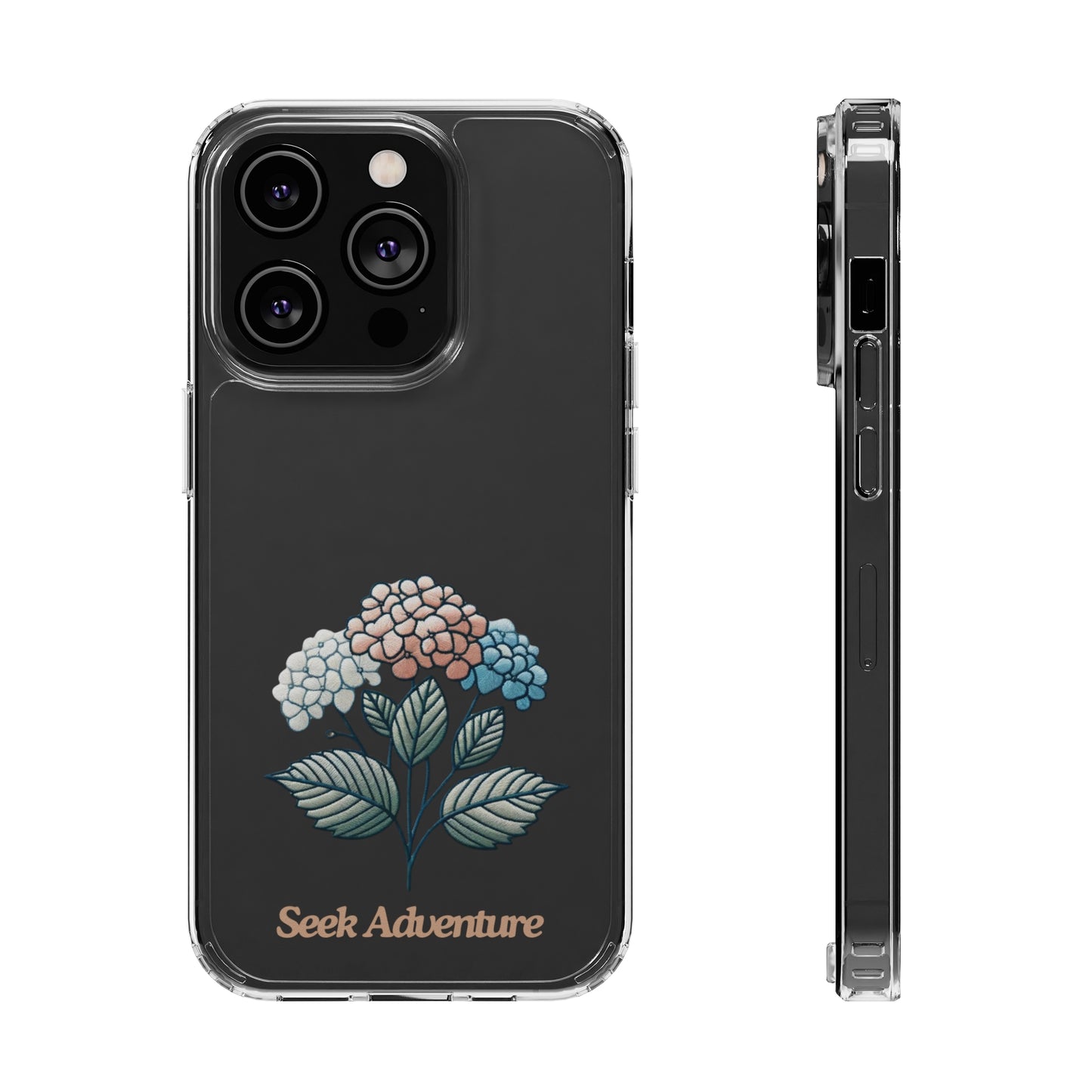 Clear phone case with minimalistic hydrangea design and "Seek Adventure" text, showcasing floral elegance and protection for iPhone 11.