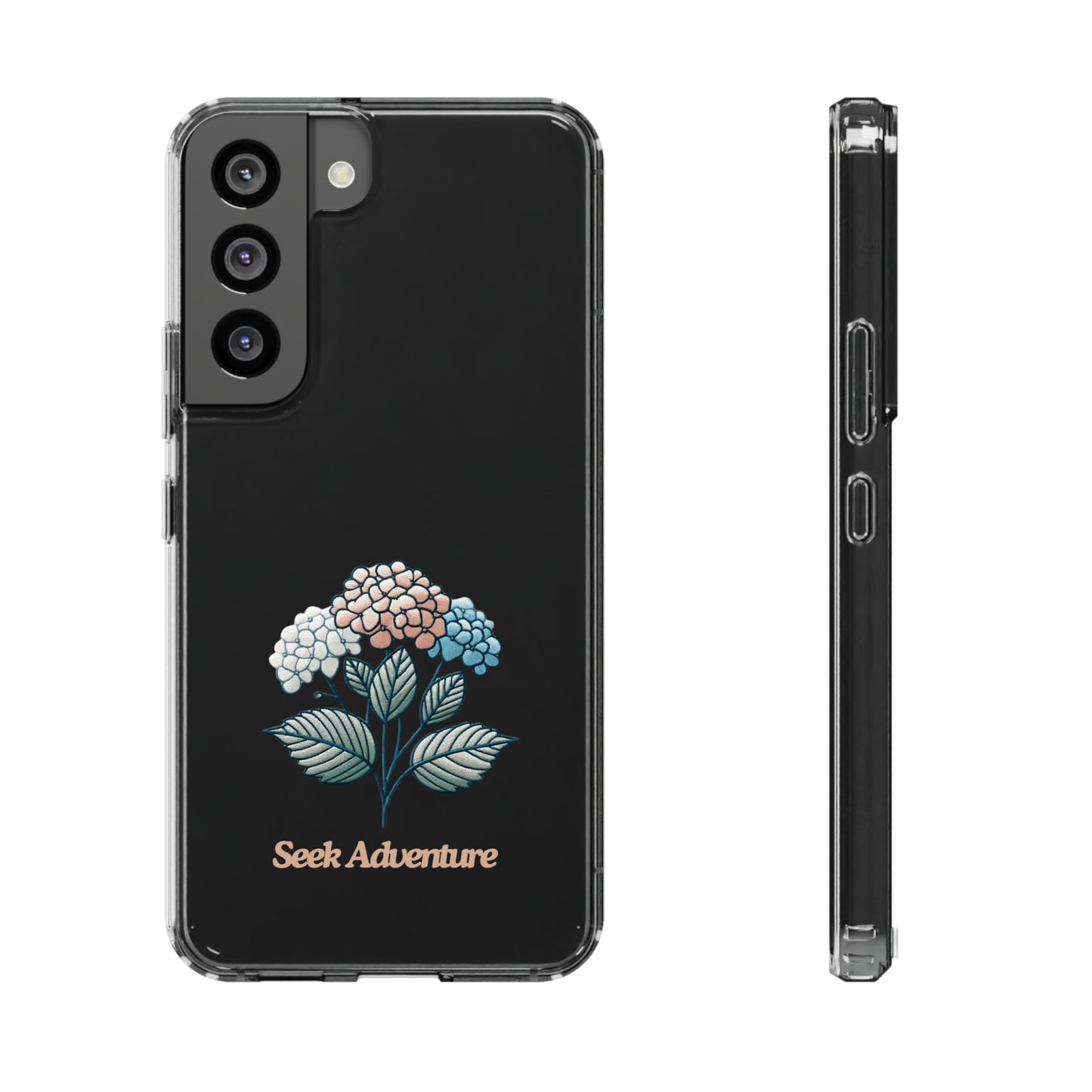 Clear floral case for iPhone 11 with blooming hydrangeas embroidery design and sleek side view, featuring "Seek Adventure" text.