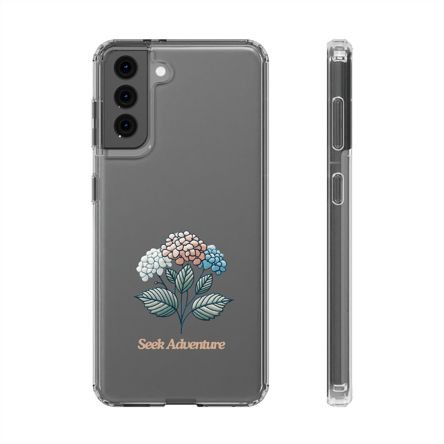 Clear phone case with blooming hydrangeas embroidery design and 'Seek Adventure' text, ideal floral case for iPhone 11, modern phone shells