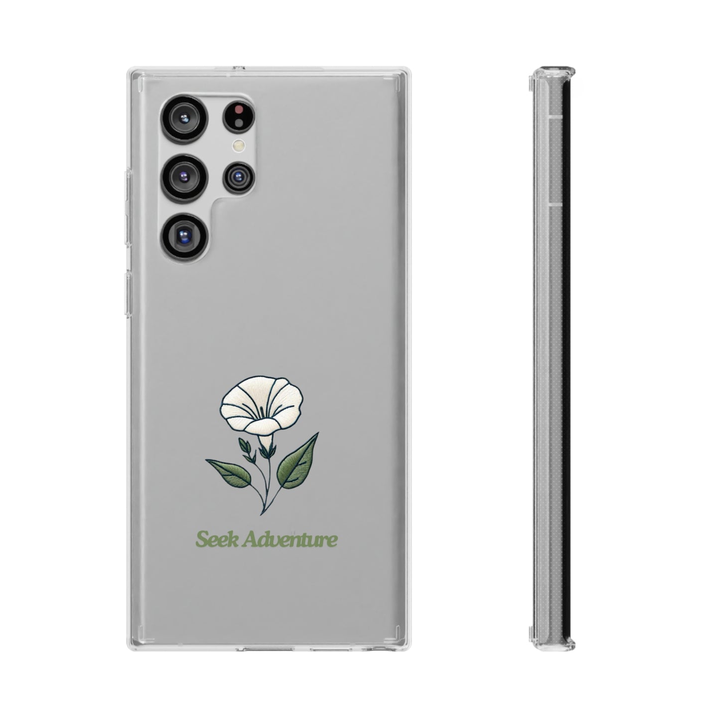 Sleek clear phone case with minimalistic morning glory flower embroidery and "Seek Adventure" text, floral case for iPhone 11