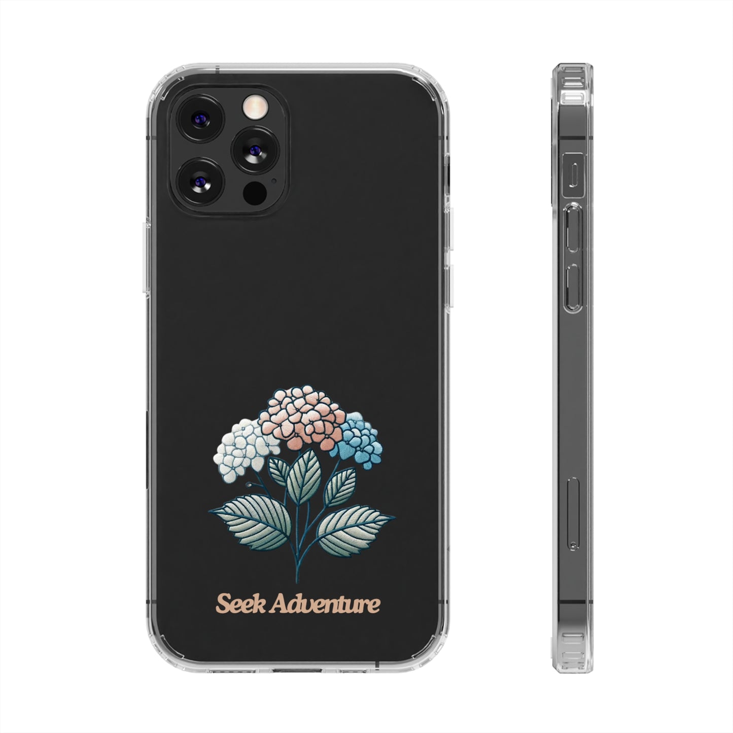 Clear phone case with embroidered hydrangeas and 'Seek Adventure' text, perfect floral case for iPhone 11.