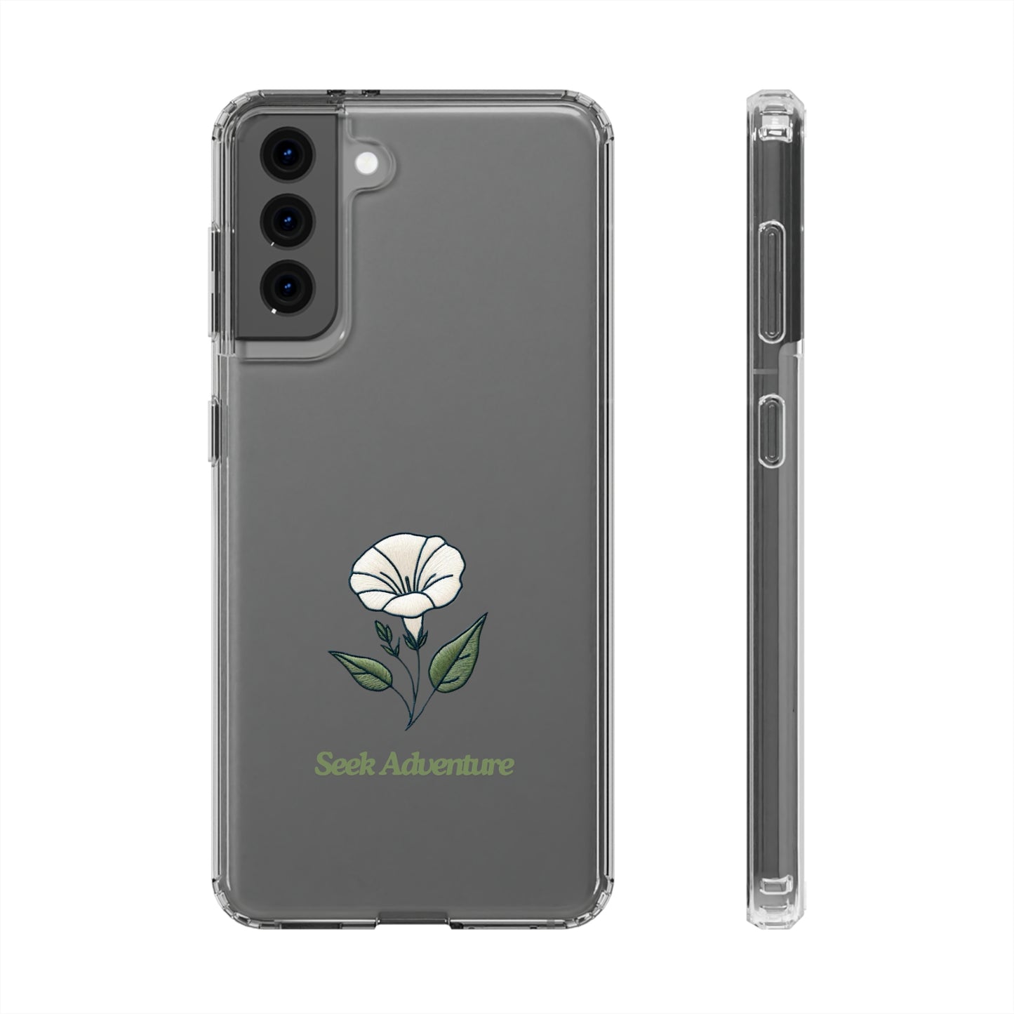 Clear phone case with embroidered morning glory design "Seek Adventure," adding floral elegance to any iPhone 11 - sleek and minimalistic design.