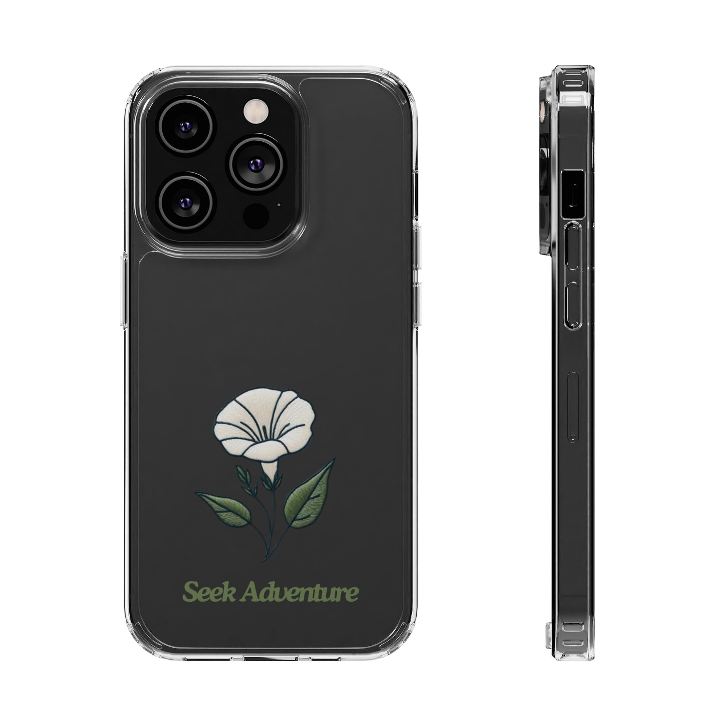 Clear iPhone 11 case with minimalistic embroidered morning glory flower design and "Seek Adventure" text, showcasing floral elegance.