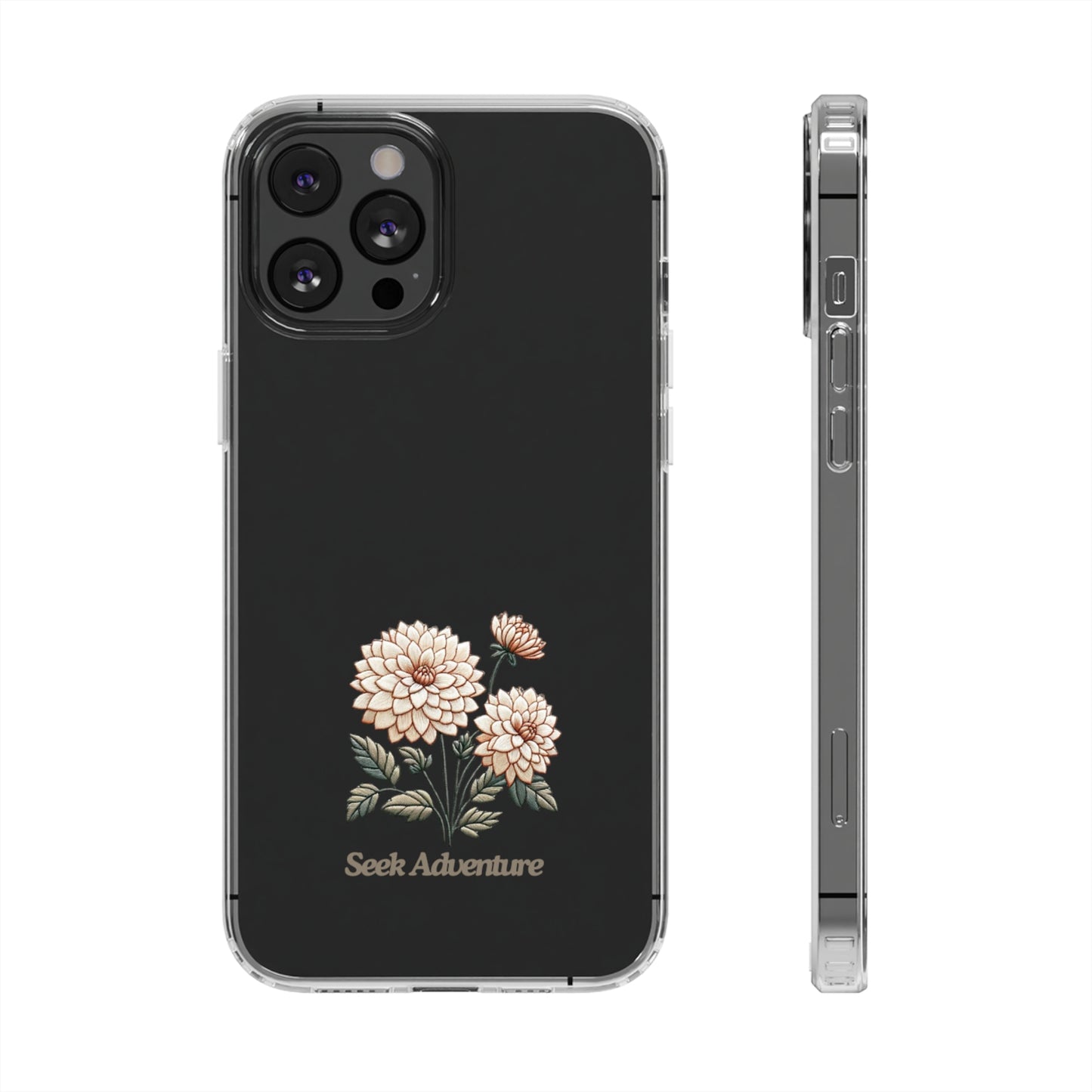 Floral case for iPhone 11 featuring minimalistic embroidered dahlias and "Seek Adventure" message on sleek black background